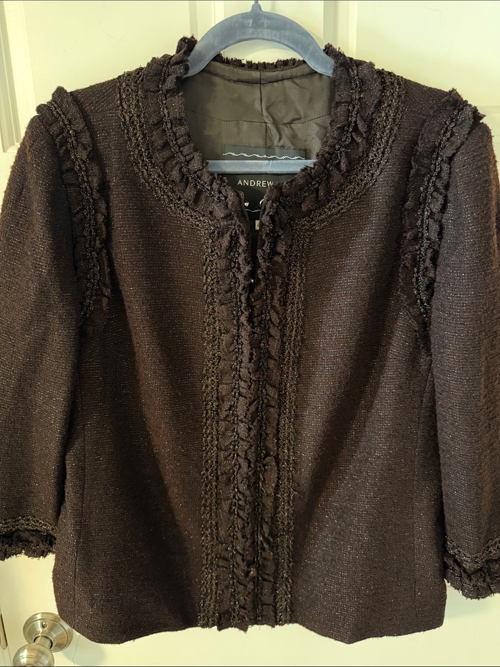 Andrew Gn Luxury Ruffle Trim Shimmer Jacket Chocolate Brown EU 48 US 16